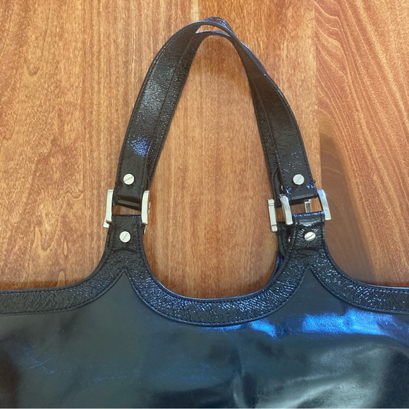 Tory Burch Bombe Tote Black Crackle Leather XL Logo Embossed Silver Satchel - Picture 8 of 14